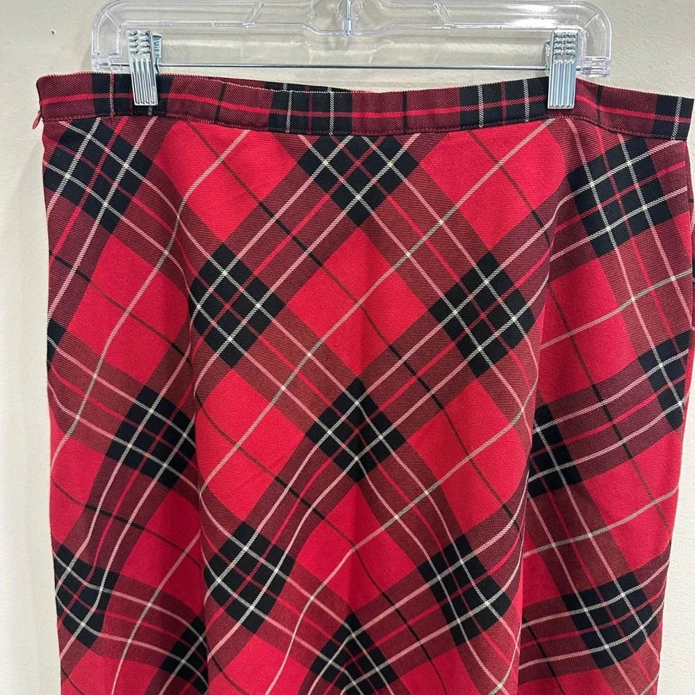 Red Plaid Tartan Midi Skirt Bias Cut A-Line Red Black White Classic Preppy Sz 14